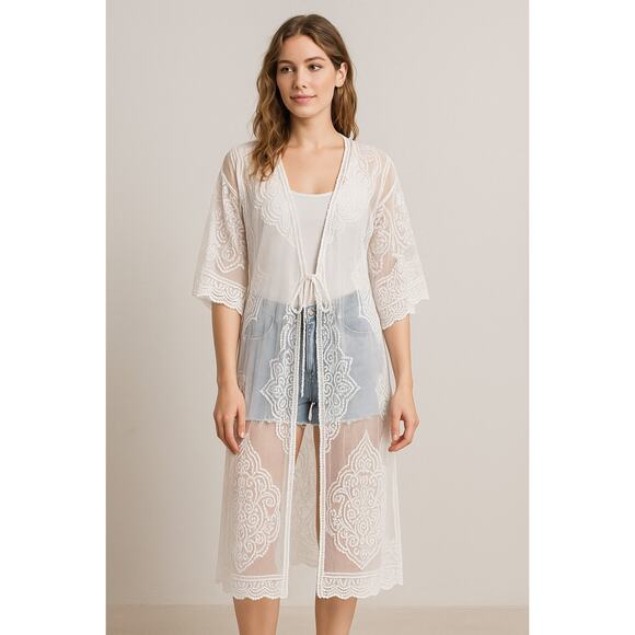 White Sheer Lace Kimono Duster Cardigan Size Small - Picture 1 of 7